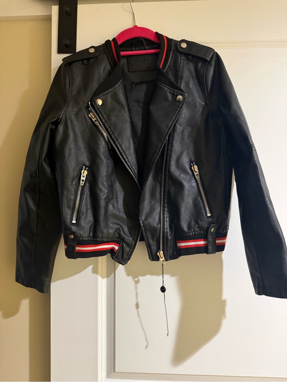 Blank NYC Black Faux Leather Jacket with Red & White Trim